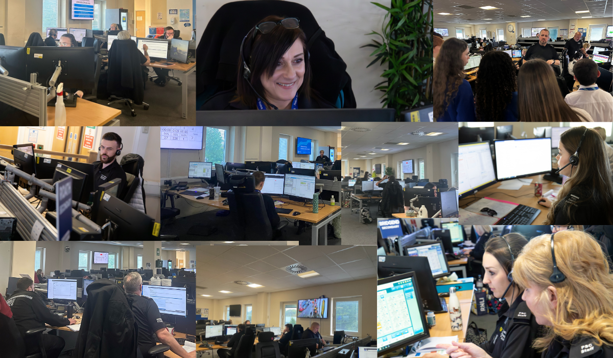 Collage of staff in the control room